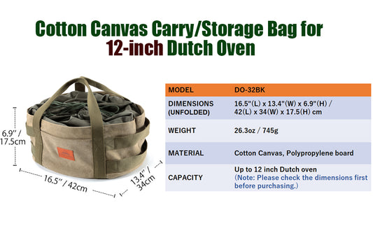 Canvas Dutch Oven Carry Bag — Fits 12 Inch Dutch Oven